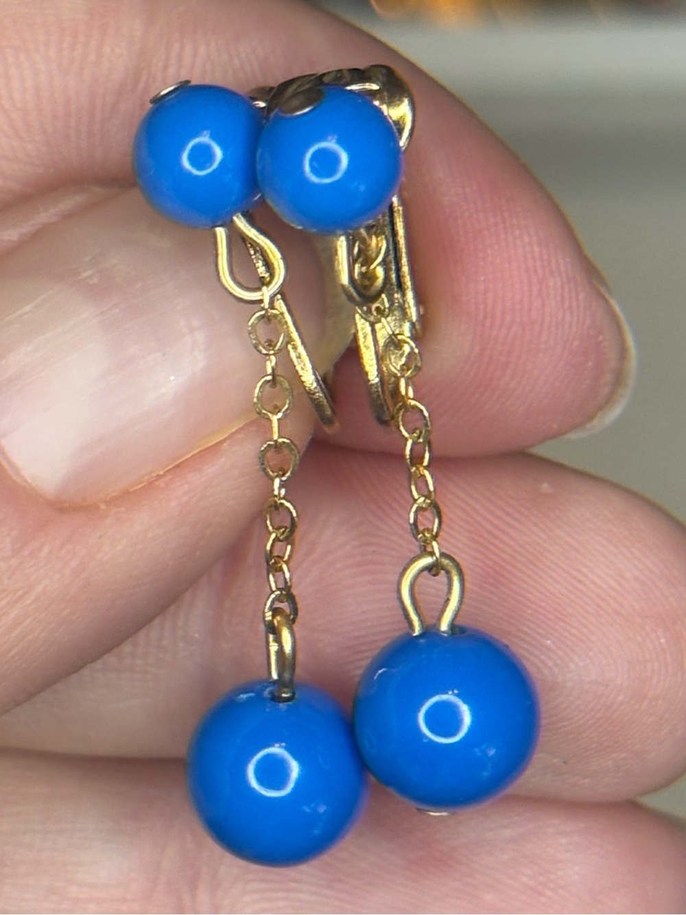 Vintage Richelieu Blue Bead Gold Tone Clip-On Dangle Earrings
